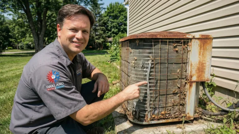 John from Oakland Heating And Cooling standing in front of an old beat up air-conditioning unit.