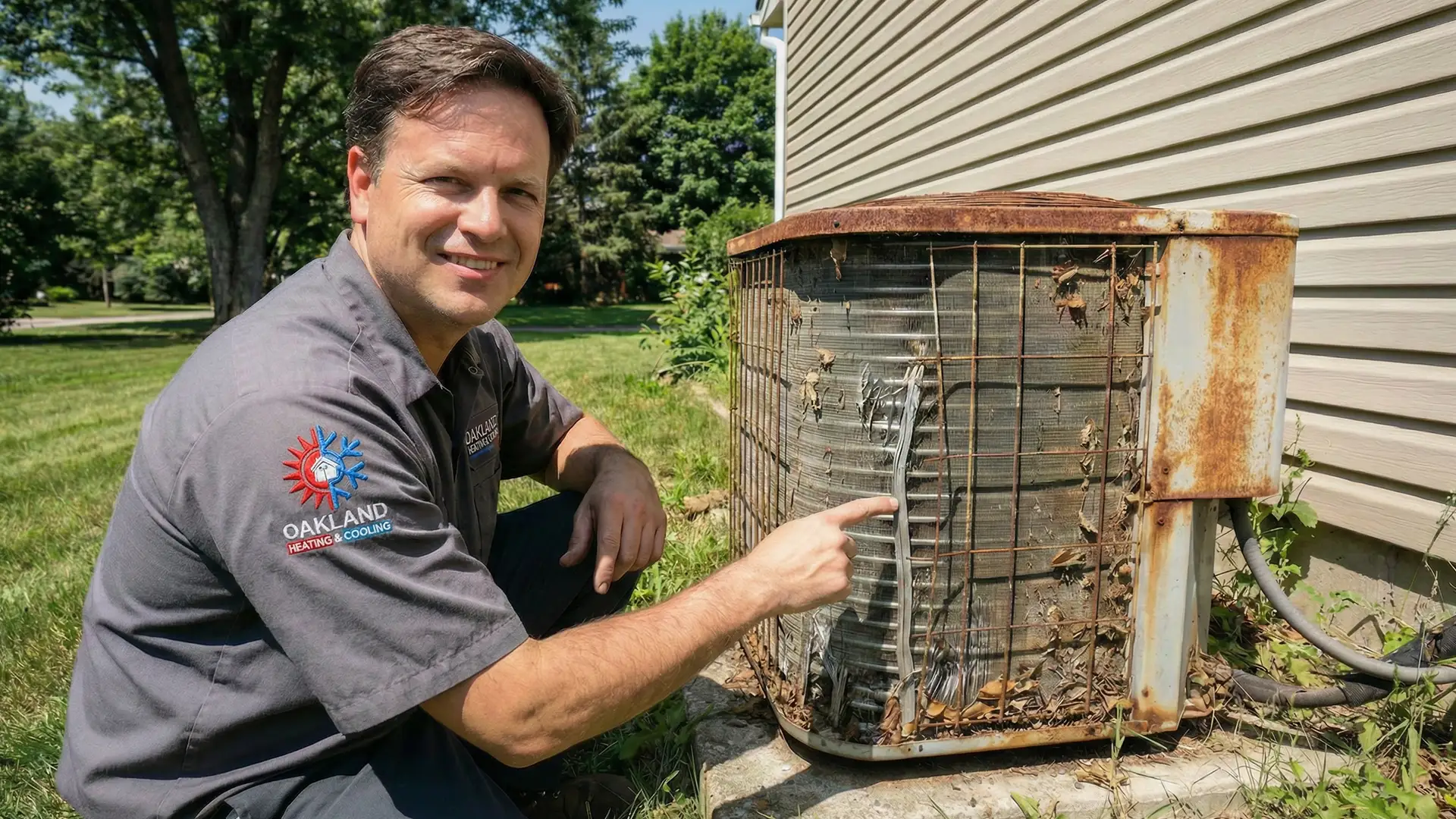 John from Oakland Heating And Cooling standing in front of an old beat up air-conditioning unit.
