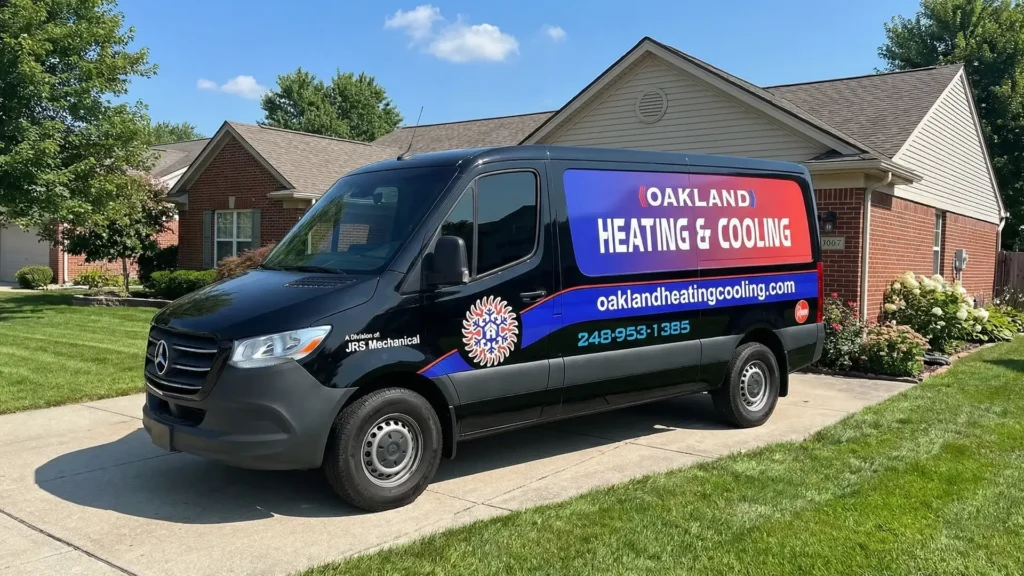 Oakland Heating and Cooling service van parked outside a customer’s home after an air conditioning repair.