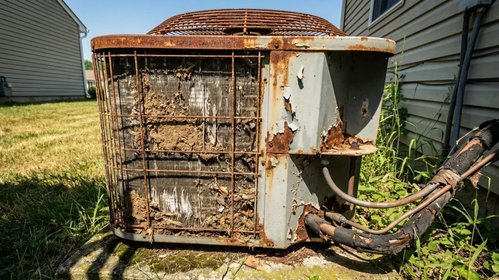 Old rusted outdoor air conditioning unit with heavy wear and damaged coils beside a home