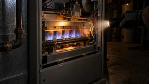 Technician's flashlight on the blue burner flames inside an open gas furnace during a safety inspection